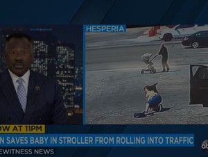 Man rush to stop runaway stroller with baby